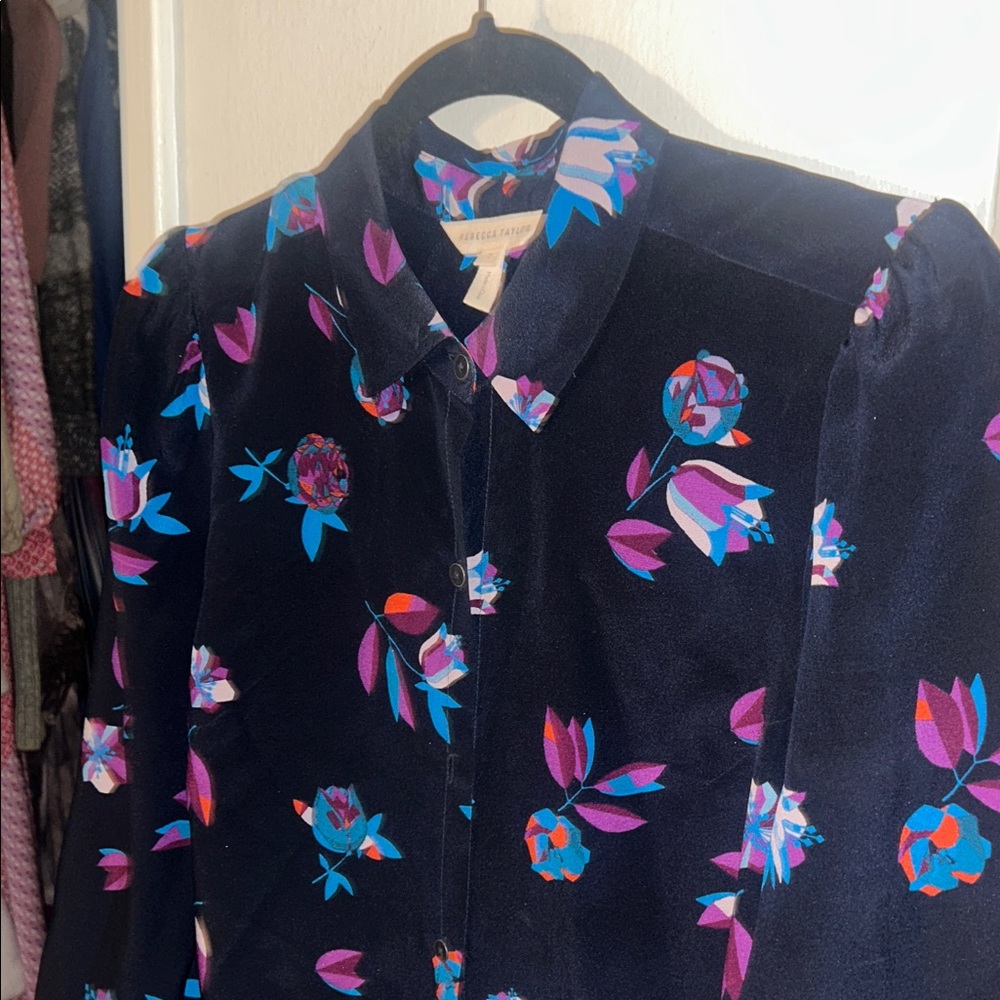 Rebecca Taylor Black Floral Button-Down Shirt with Blue & Purple Accents